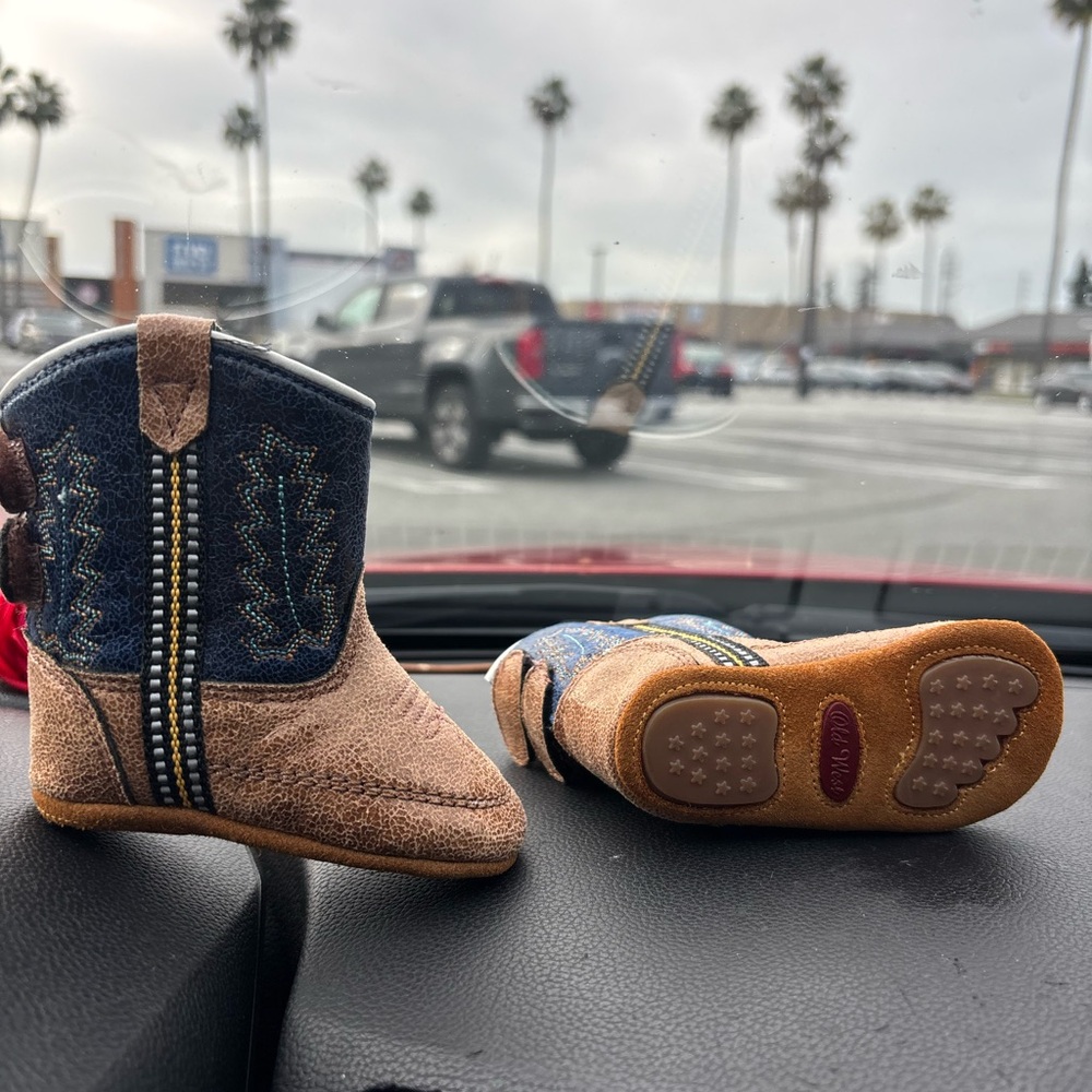 Old West Baby Cowboy Boots Distressed Tan & Navy Western Crib Shoes